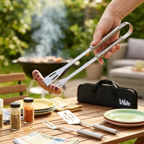 ZESTAW 3 STALOWYCH PRZYBORÓW DO GRILLA W ETUI 489424