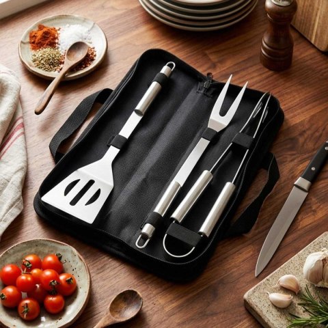 ZESTAW 3 STALOWYCH PRZYBORÓW DO GRILLA W ETUI 489424