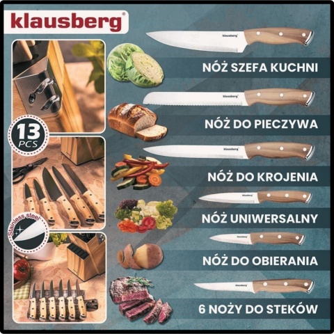 Zestaw Noży Kuchennych w Bloku z Ostrzałką + 6 noży do Steków 13 elementów