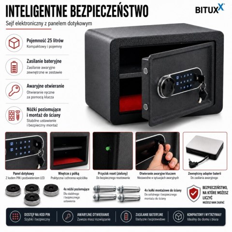 Bituxx sejf elektroniczny 25L z PIN i kluczem skrytka na dokumenty ścienny