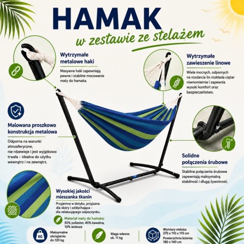 Granatowy Hamak huśtawka na stelażu Rama do ogrodu stabilny wygodny