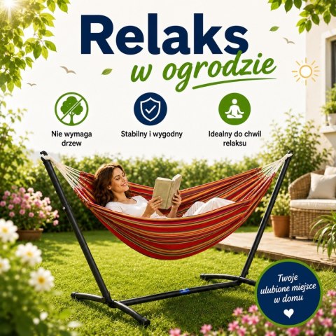 Hamak na taras do ogrodu na stelażu metalowy stojak w paski Zewnętrzny