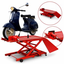 Hydrauliczny podnośnik nożycowy 360 kg do motocykli z rampą najazdową i blokadą koła
