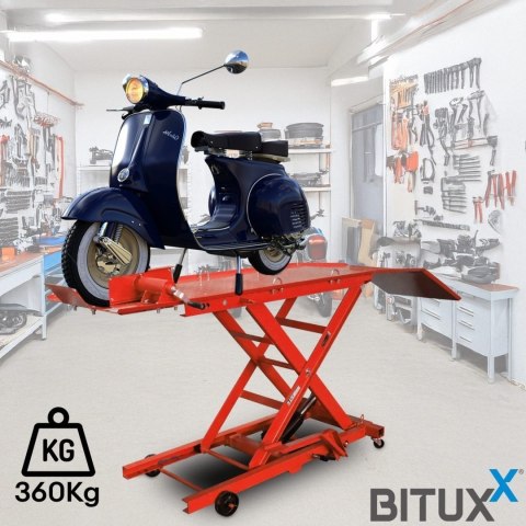 Hydrauliczny podnośnik nożycowy 360 kg do motocykli z rampą najazdową i blokadą koła