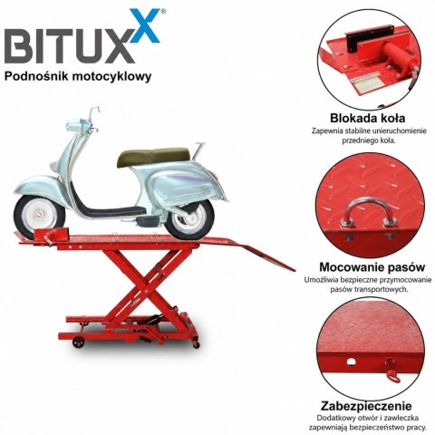 Hydrauliczny podnośnik nożycowy 360 kg do motocykli z rampą najazdową i blokadą koła