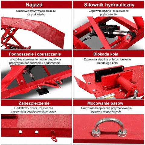 Hydrauliczny podnośnik nożycowy 360 kg do motocykli z rampą najazdową i blokadą koła