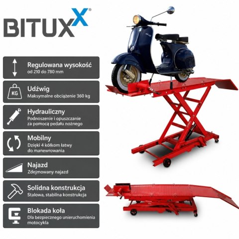 Hydrauliczny podnośnik nożycowy 360 kg do motocykli z rampą najazdową i blokadą koła
