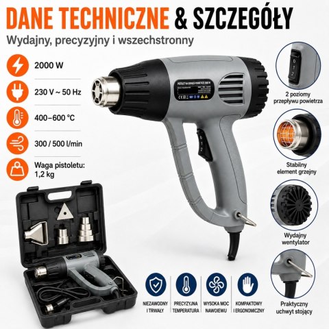Opalarka Elektryczna 2000W 4 dysze 2 biegi + akcesoria BITUXX 600°C