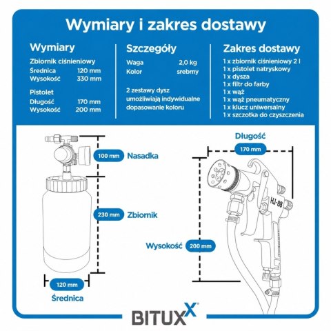 Pneumatyczny system natryskowy z metalowym zbiornikiem 2L i zestawem dysz