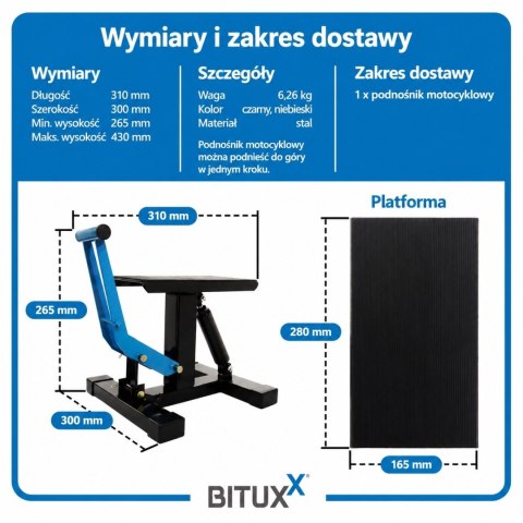 Podnośnik motocyklowy BITUXX 150 kg regulowany warsztatowy platforma antypoślizgowa