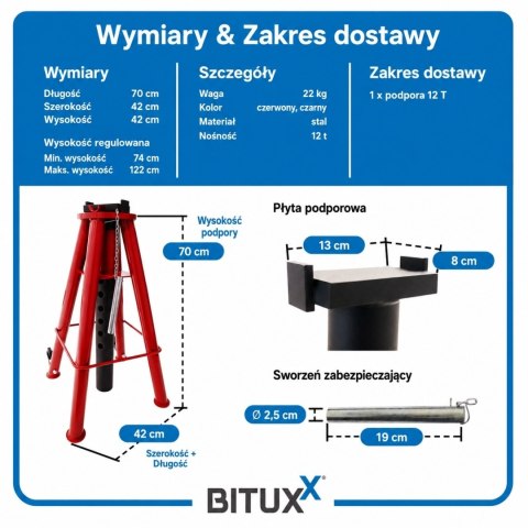 Regulowany stojak podporowy 12T do samochodów i maszyn 74-122 cm stalowy