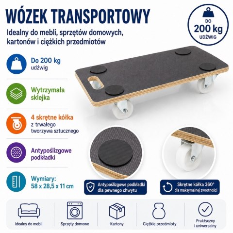 Wózek transprotowy do 200kg płyta sklejka 58x28,5cm na kółach do przewożenia