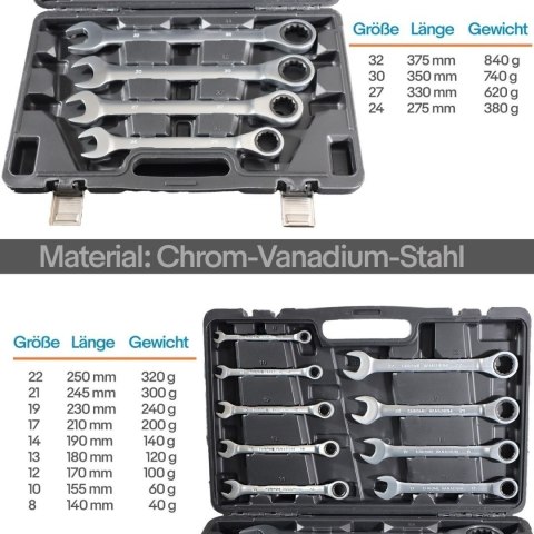 Zestaw kluczy płasko-oczkowych z grzechotką 8-32mm CrV 13 szt Zestaw Polerowane