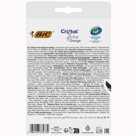 BIC Cristal Fine Orange Długopis Niebieski 8 sztuk