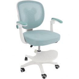 Ergonomiczne krzesło biurowe dla dziecka koloru jasnozielonego, obrotowe, krzesło ma podnóżek i podłokietniki.