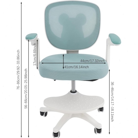 Ergonomiczne krzesło biurowe dla dziecka koloru jasnozielonego, obrotowe, krzesło ma podnóżek i podłokietniki.
