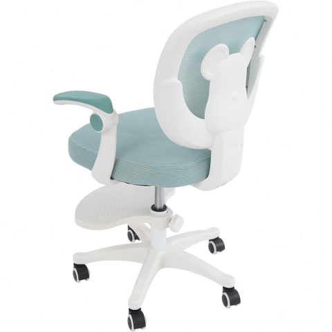 Ergonomiczne krzesło biurowe dla dziecka koloru jasnozielonego, obrotowe, krzesło ma podnóżek i podłokietniki.