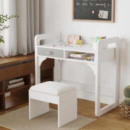 Biurka i krzesło ergonomiczne z tkaniny Garvee. Kolor - BIAŁY. Regulowany stolik do nauki dla dzieci w wieku 3-8 lat