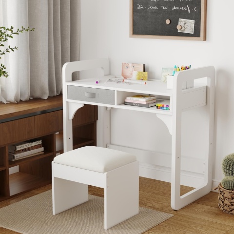 Biurka i krzesło ergonomiczne z tkaniny Garvee. Kolor - BIAŁY. Regulowany stolik do nauki dla dzieci w wieku 3-8 lat