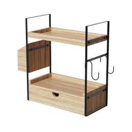 Organizer 2-poziomowy z szufladą, do kuchni i łazienki, drewniana i metalowa półka, boczny koszyk, 40,4x33,5x17