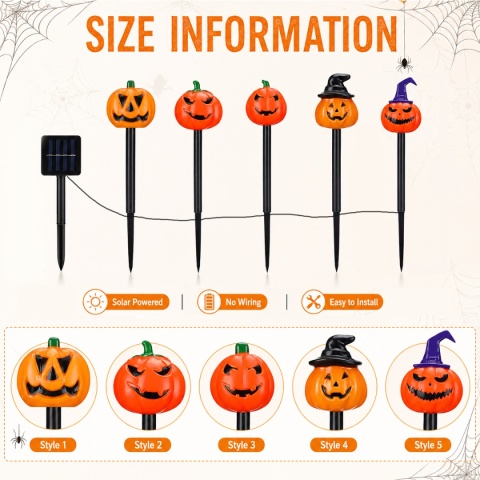 5 szt./zestaw Halloweenowe przerażające lampki w kształcie dyni na palikach, upiorne lampy solarne do ogrodu na Halloween, dekoracja na imprezę plenerową, podwórko, patio.