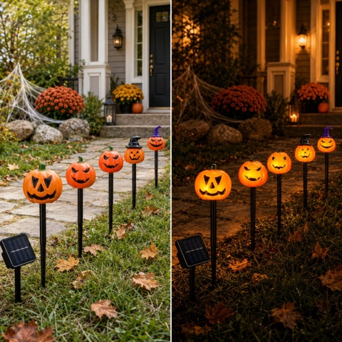 5 szt./zestaw Halloweenowe przerażające lampki w kształcie dyni na palikach, upiorne lampy solarne do ogrodu na Halloween, dekoracja na imprezę plenerową, podwórko, patio.