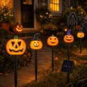 5 szt./zestaw Halloweenowe przerażające lampki w kształcie dyni na palikach, upiorne lampy solarne do ogrodu na Halloween, dekoracja na imprezę plenerową, podwórko, patio.