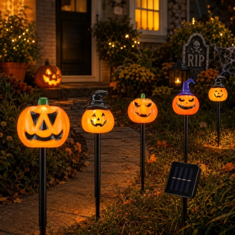 5 szt./zestaw Halloweenowe przerażające lampki w kształcie dyni na palikach, upiorne lampy solarne do ogrodu na Halloween, dekoracja na imprezę plenerową, podwórko, patio.
