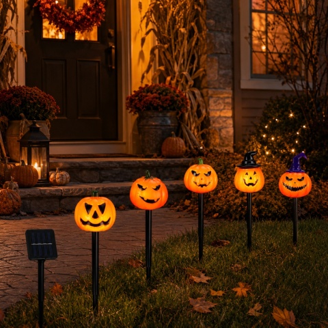 5 szt./zestaw Halloweenowe przerażające lampki w kształcie dyni na palikach, upiorne lampy solarne do ogrodu na Halloween, dekoracja na imprezę plenerową, podwórko, patio.