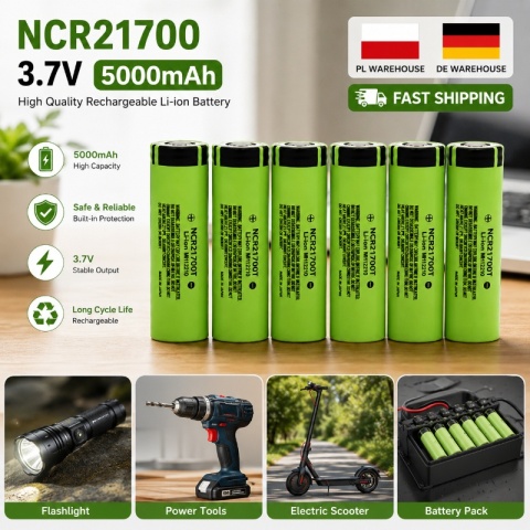Akumulator litowo-jonowy 10szt. 21700 3.7V 5000mAh 40A, o wysokim prądzie rozładowania,do urządzeń przenośnych.
