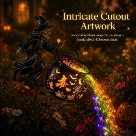 Lampa ogrodowa w kształcie czarownicy na Halloween, dekoracja ogrodowa w stylu wodospadu z magicznym czarowniczym czarującym czarującym kotłem, dekoracje świetlne na zewnątrz.