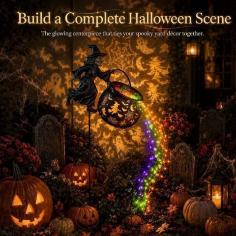 Lampa ogrodowa w kształcie czarownicy na Halloween, dekoracja ogrodowa w stylu wodospadu z magicznym czarowniczym czarującym czarującym kotłem, dekoracje świetlne na zewnątrz.