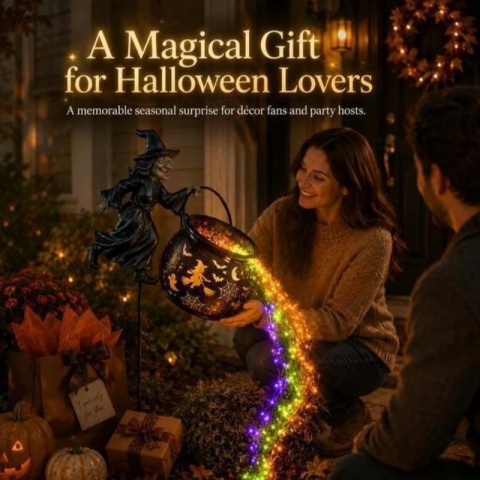 Lampa ogrodowa w kształcie czarownicy na Halloween, dekoracja ogrodowa w stylu wodospadu z magicznym czarowniczym czarującym czarującym kotłem, dekoracje świetlne na zewnątrz.