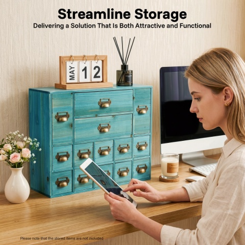 Szafka niebieska z 14 szufladkami w stylu VINTAGE DESIGN, nietuzinkowy organizer na biurku.