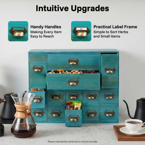 Szafka niebieska z 14 szufladkami w stylu VINTAGE DESIGN, nietuzinkowy organizer na biurku.
