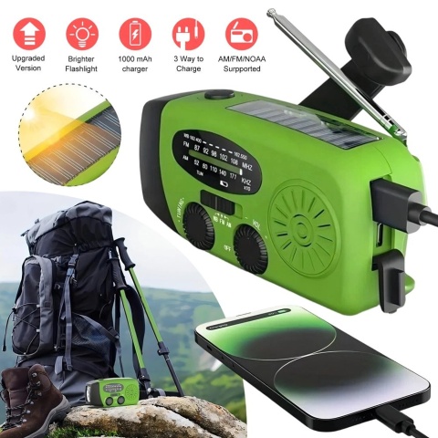 Radio które sam naładujesz bez prądu, larka LED, panel solarny, ręczne dynamo do naładowania PowerBank-u 2000 mAh.