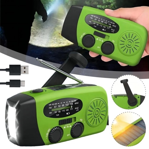 Radio które sam naładujesz bez prądu, larka LED, panel solarny, ręczne dynamo do naładowania PowerBank-u 2000 mAh.