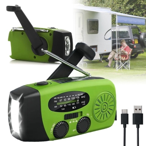 Radio które sam naładujesz bez prądu, larka LED, panel solarny, ręczne dynamo do naładowania PowerBank-u 2000 mAh.