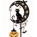 Solarna dekoracja ogrodowa na Halloween: czarny kot i dyniowy księżyc, wodoodporna metalowa dynia na paliku.