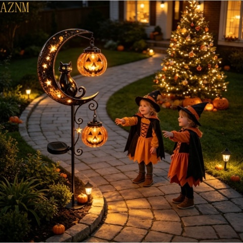 Solarna dekoracja ogrodowa na Halloween: czarny kot i dyniowy księżyc, wodoodporna metalowa dynia na paliku.
