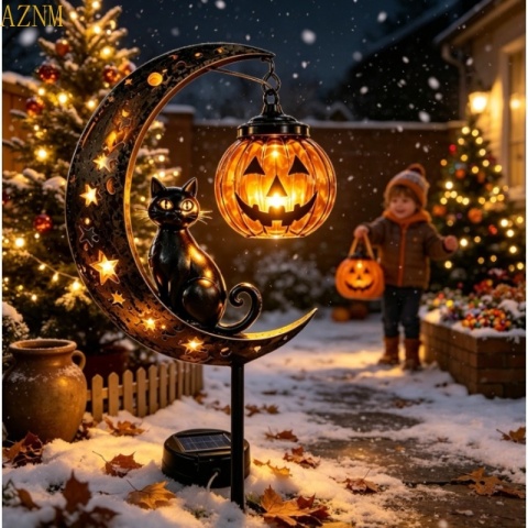 Solarna dekoracja ogrodowa na Halloween: czarny kot i dyniowy księżyc, wodoodporna metalowa dynia na paliku.