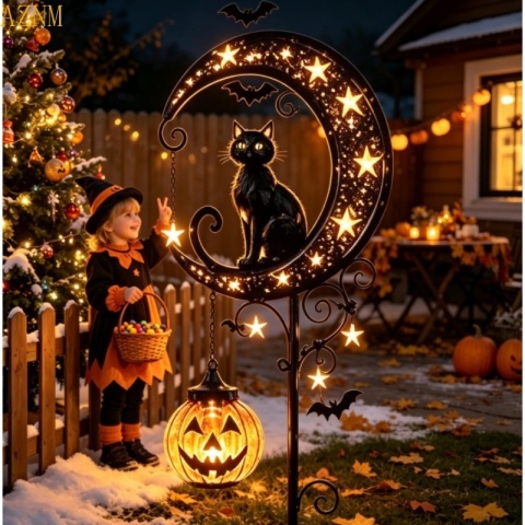 Solarna dekoracja ogrodowa na Halloween: czarny kot i dyniowy księżyc, wodoodporna metalowa dynia na paliku.