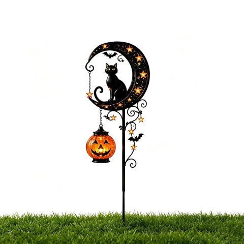 Solarna dekoracja ogrodowa na Halloween: czarny kot i dyniowy księżyc, wodoodporna metalowa dynia na paliku.