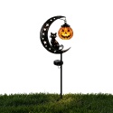 Solarna dekoracja ogrodowa na Halloween: czarny kot i dyniowy księżyc, wodoodporna metalowa dynia na paliku.