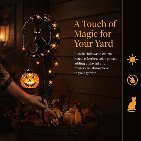 Solarna dekoracja ogrodowa na Halloween: czarny kot i dyniowy księżyc, wodoodporna metalowa dynia na paliku.