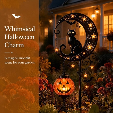 Solarna dekoracja ogrodowa na Halloween: czarny kot i dyniowy księżyc, wodoodporna metalowa dynia na paliku.