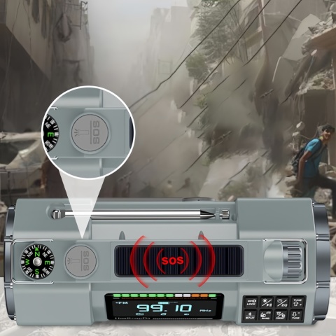 Radio wielofunkcyjne FM/MW/SW/VHF/WB, panel solarny i prądnica ręczna, głośny sygnał alarm, ster. telefonem. ZIELONY.
