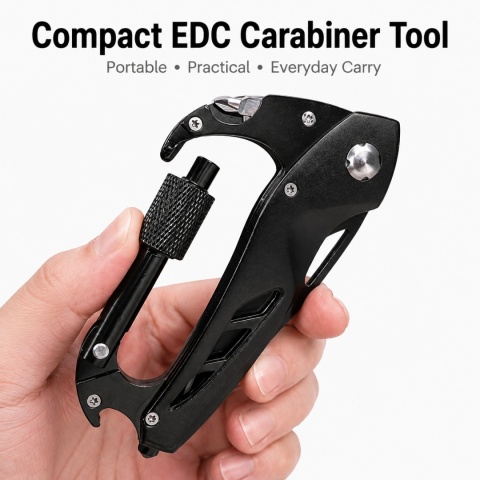Wielofunkcyjny składany karabińczyk z nożykiem, i przydatnymi przyborami, Multitool EDC.