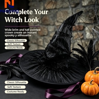 Damski zdejmowany plisowany wysoki kapelusz czarownicy z ostrym czubkiem, kapelusz w stylu gotyckiej Lolity z szerokim rondem i efektem marszczenia na Halloween, karnawał i bal maskowy.