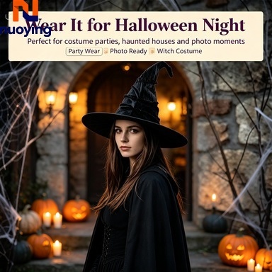 Damski zdejmowany plisowany wysoki kapelusz czarownicy z ostrym czubkiem, kapelusz w stylu gotyckiej Lolity z szerokim rondem i efektem marszczenia na Halloween, karnawał i bal maskowy.